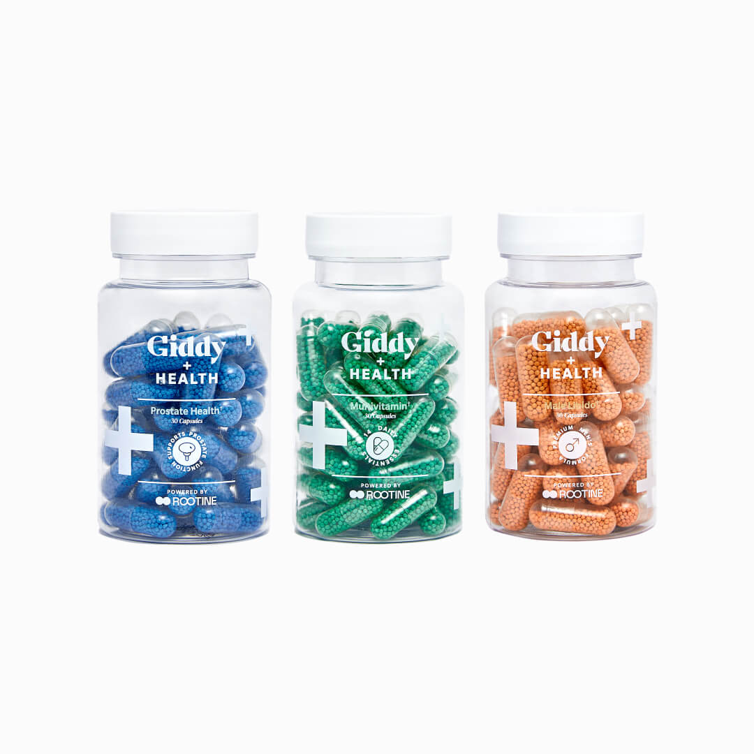 The perfect combination of sexual health supplements. Take one capsule from each bottle daily with food. Prostate health, Libido boost, and Daily multivitamin bottles