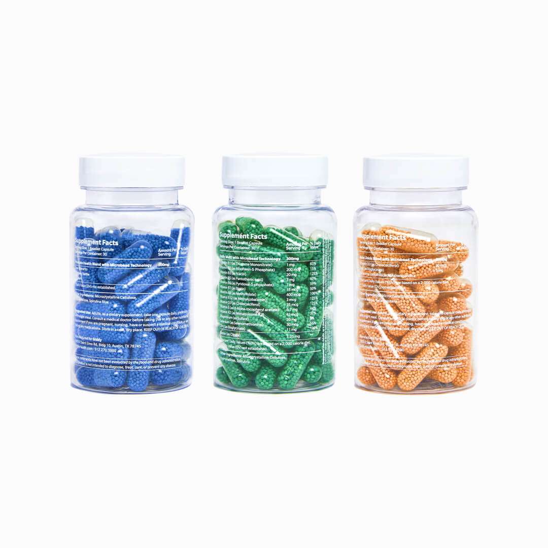 The perfect combination of sexual health supplements. Take one capsule from each bottle daily with food. Prostate health, Libido boost, and Daily multivitamin bottles
